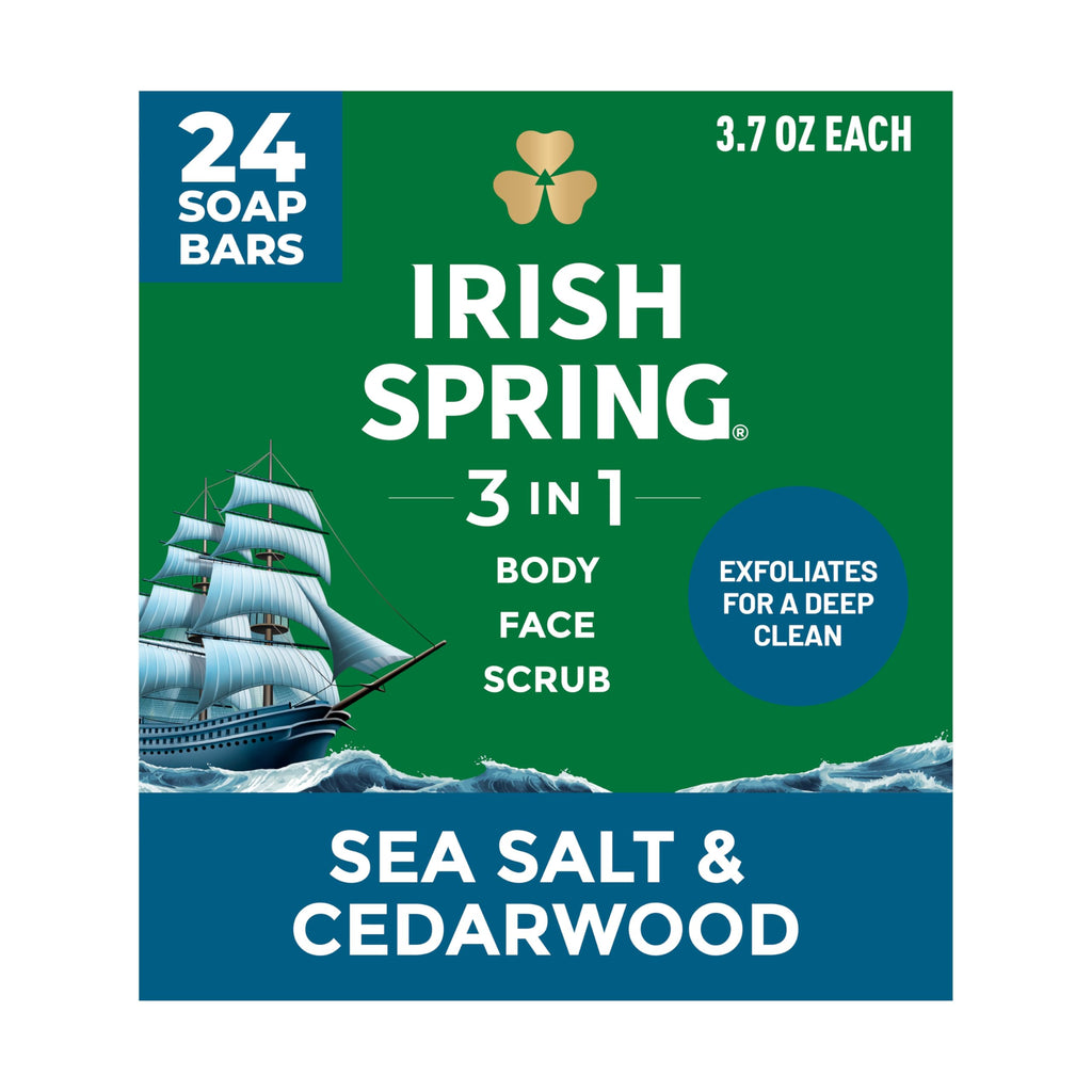 Irish Spring 3-in-1 Men’s Bar Soap Sea Salt & Cedarwood, Exfoliating Deep Clean Body Soap Bar and Face Cleanser, 3.7 oz Soap Bars, 24 Pack