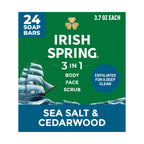 Irish Spring 3-in-1 Men’s Bar Soap Sea Salt & Cedarwood, Exfoliating Deep Clean Body Soap Bar and Face Cleanser, 3.7 oz Soap Bars, 24 Pack