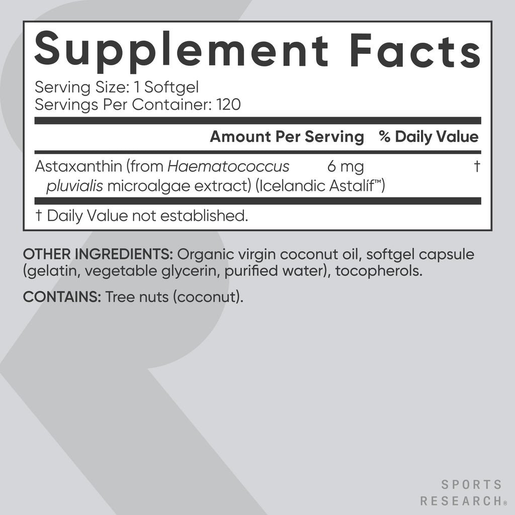 Sports Research® Icelandic Astaxanthin 6mg w/Coconut Oil - 120 Count | Antioxidant Supplement for Skin & Eye Health Support | Soy-Free, Non-GMO, Gluten-Free