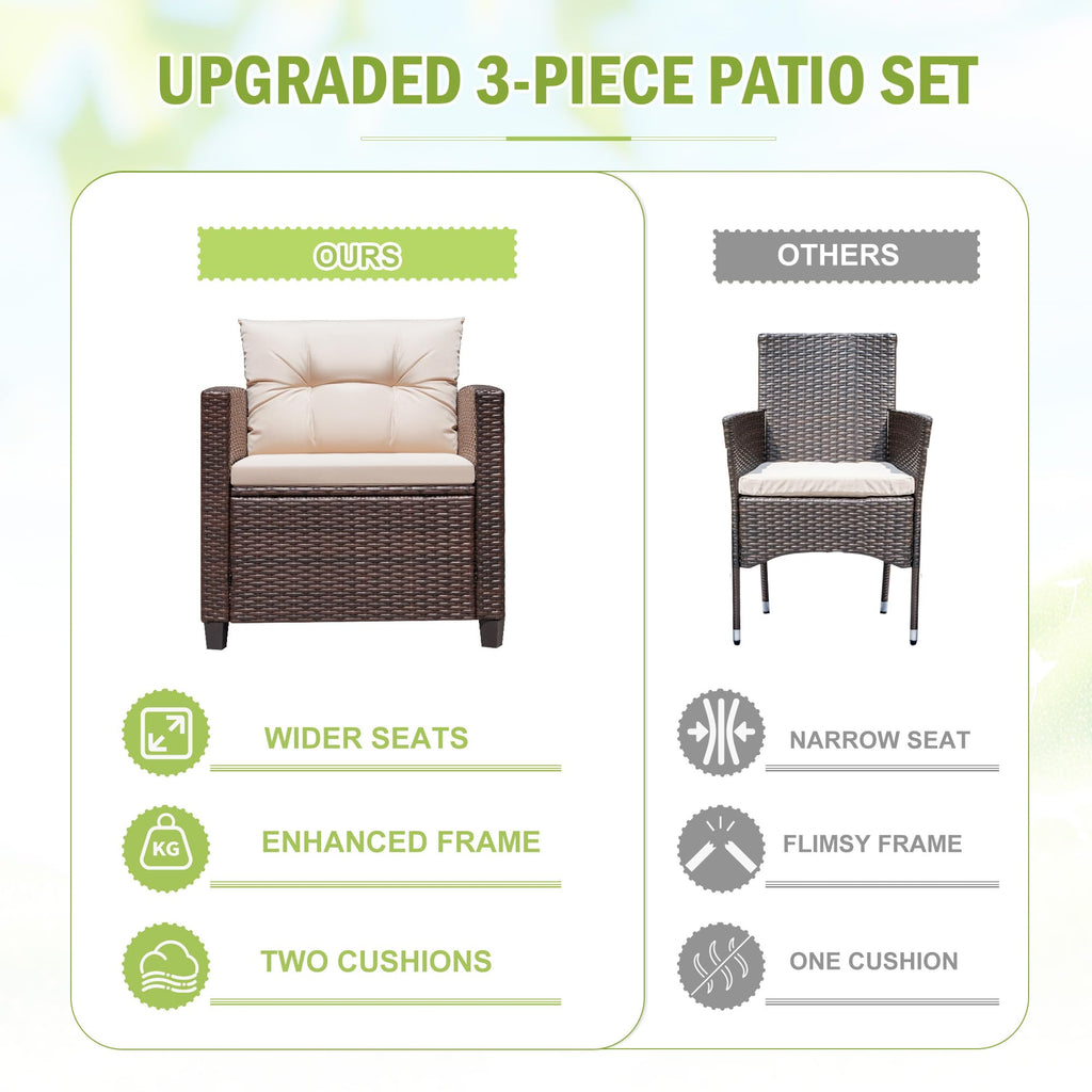 Devoko 3 Pieces Patio Furniture Set Outdoor Wicker Chairs and Table, Beige