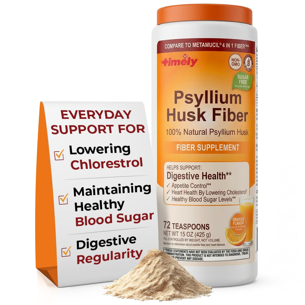 TIME-Cap Labs Psyllium Husk Powder Fiber Supplement, Orange Flavor, 15 oz