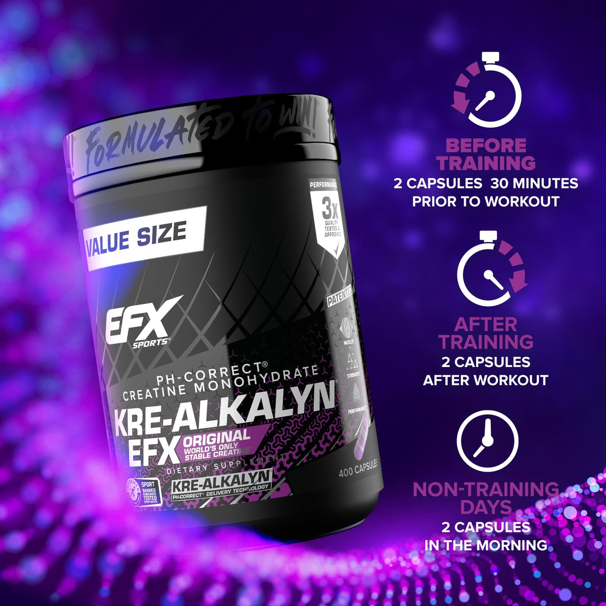 EFX Sports Kre-Alkalyn EFX | pH Correct Creatine Monohydrate Pill Supplement | Strength, Muscle Growth & Performance | 200 Servings, 400 Capsules