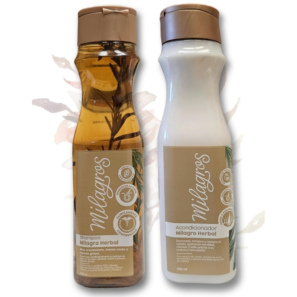 Milagros Shampoo y Acondicionador Herbal - Romero, Jengibre y Arroz 100% natural | Combate caida del cabello y promueve su crecimiento.