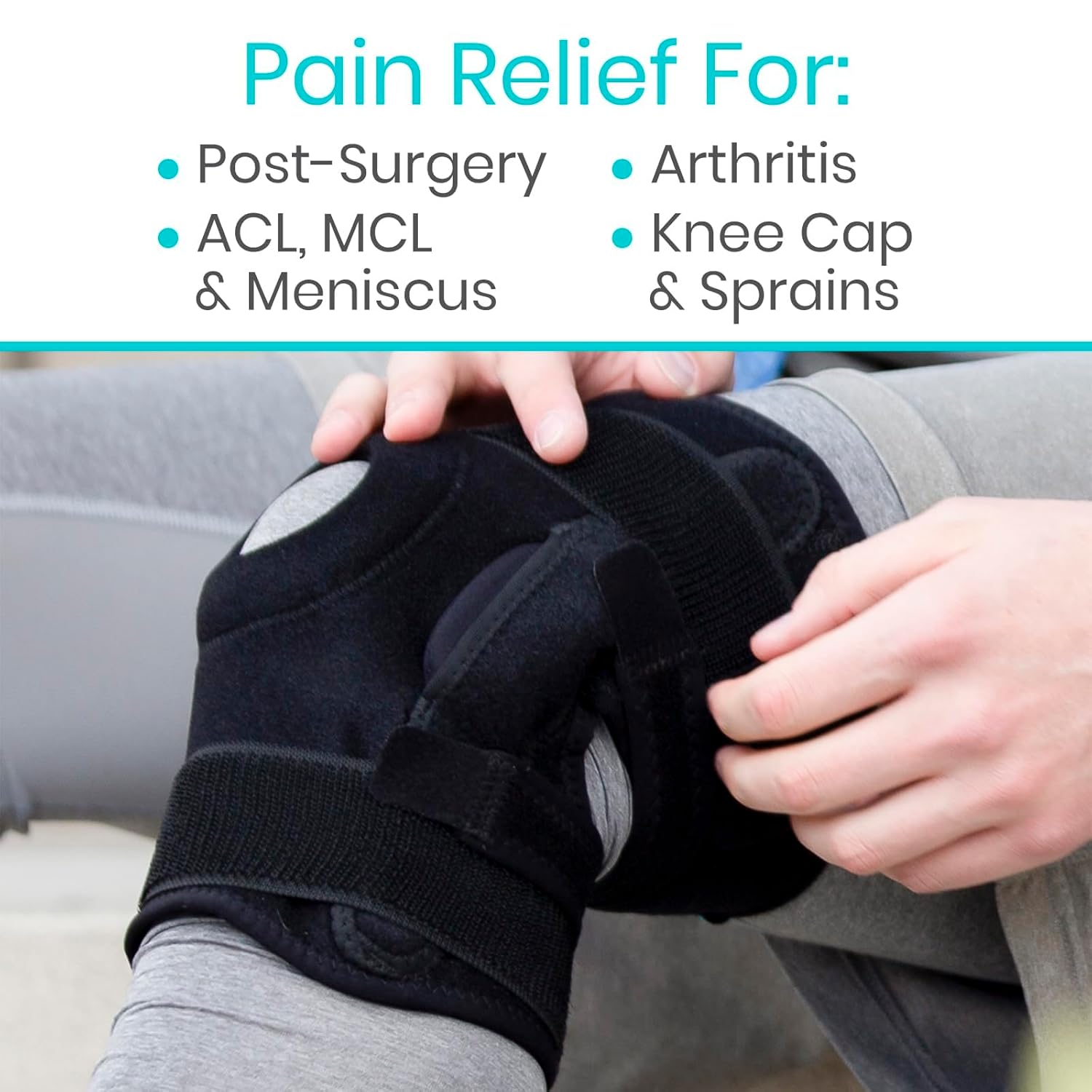 Buy now Vive Hinged Knee Brace - Relieves ACL, MCL, Meniscus Tear - Lightweight, Comfortable, Breathable Open Patella Wrap with Side Stabilizers - for Women & Men - Adjustable Strap for Tendonitis at indiglob india