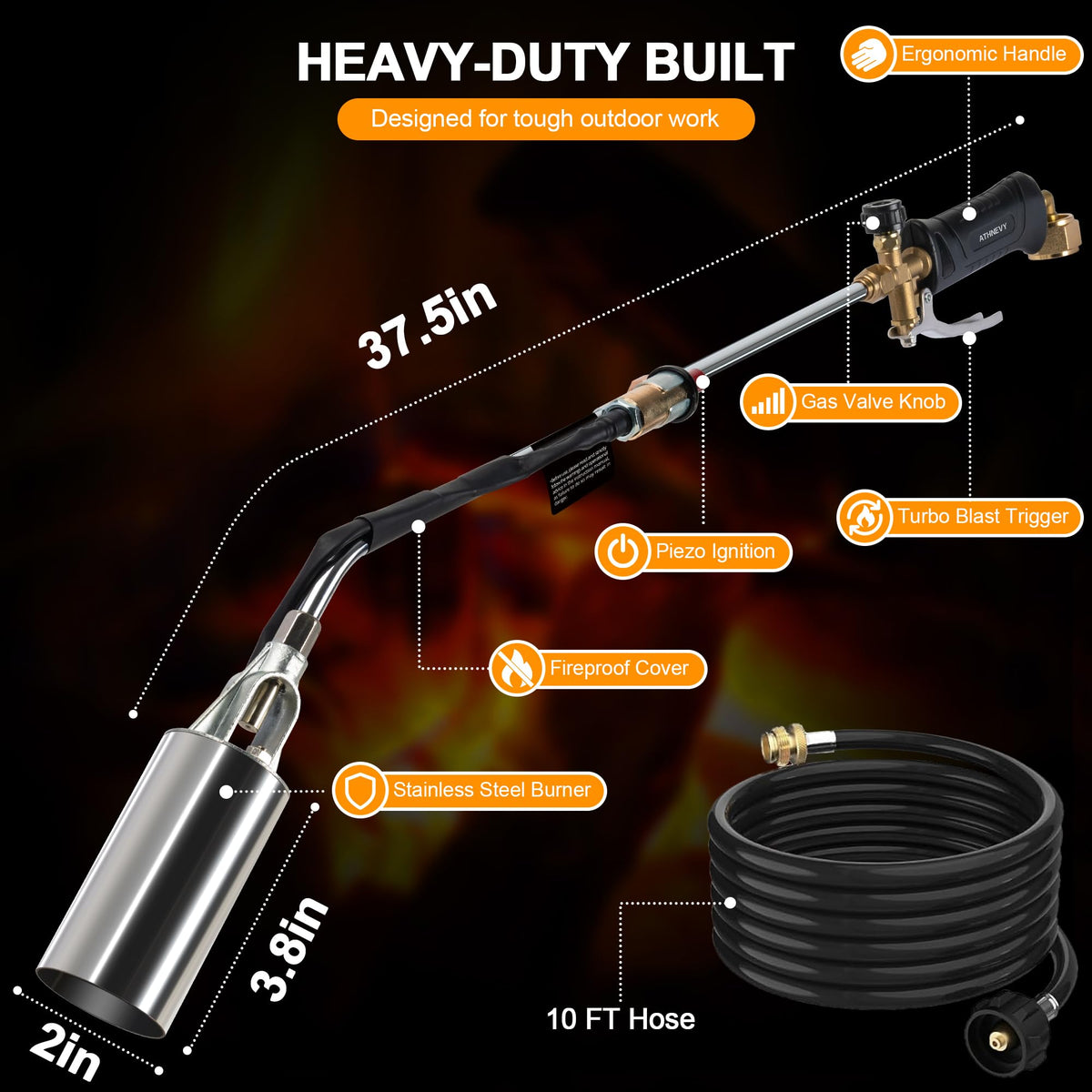 Propane Torch Kit Weed Burner 1,800,000 BTU, Built-in Igniter, 10FT Hose