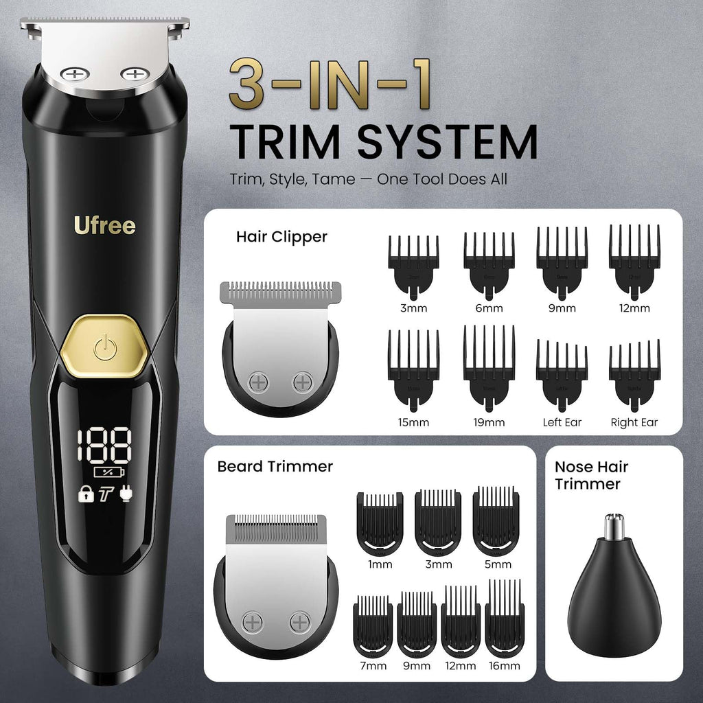 Ufree 3-in-1 Beard Trimmer for Men, IPX6 Waterproof Electric Razor | Gifts for men, Beard, Nose, Hair, Stainless Steel Blades, USB-C Charge, 120-Min Usage, 8000 RPM, Wet and Dry, Travel Lock