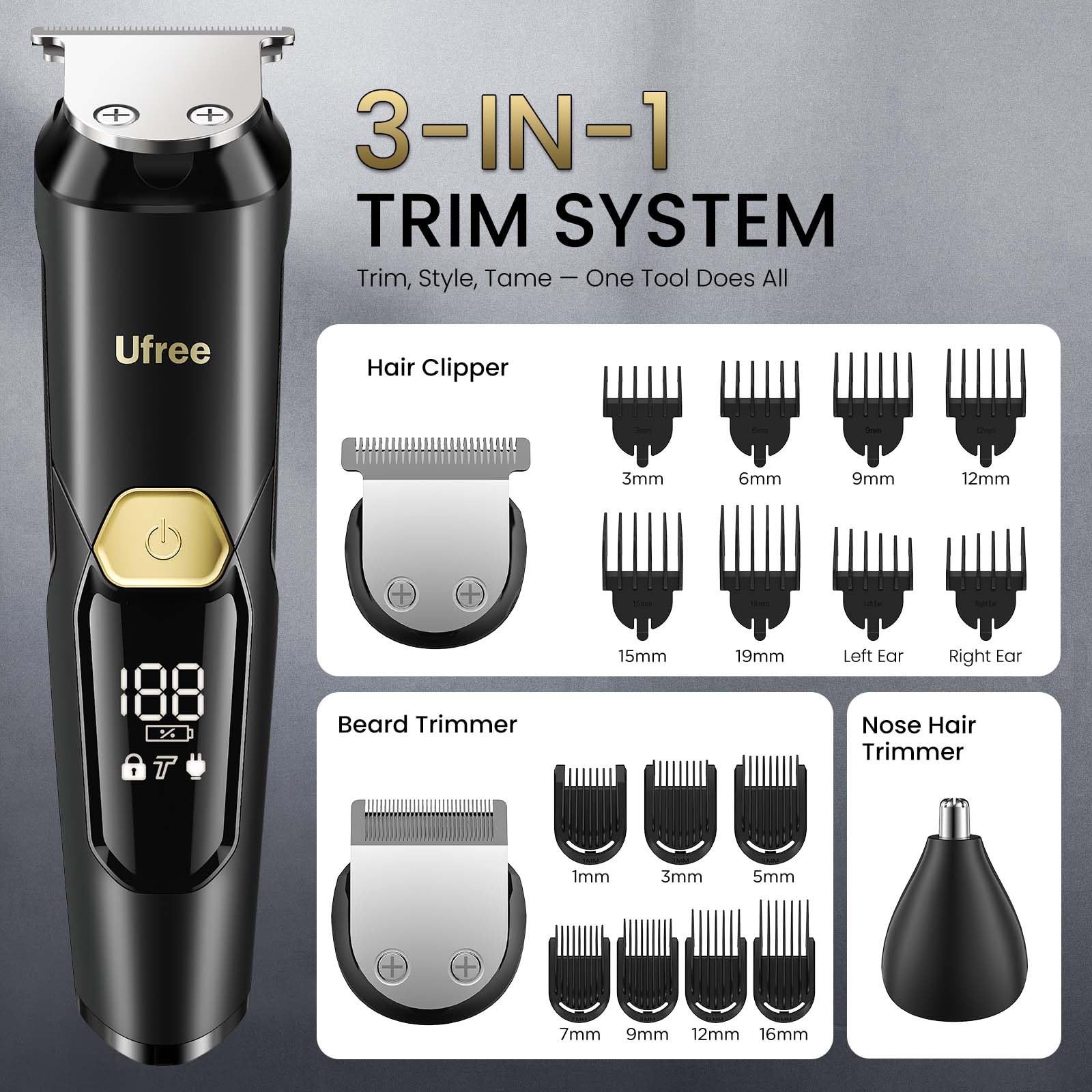 Ufree 3-in-1 Beard Trimmer for Men, IPX6 Waterproof Electric Razor | Gifts for men, Beard, Nose, Hair, Stainless Steel Blades, USB-C Charge, 120-Min Usage, 8000 RPM, Wet and Dry, Travel Lock
