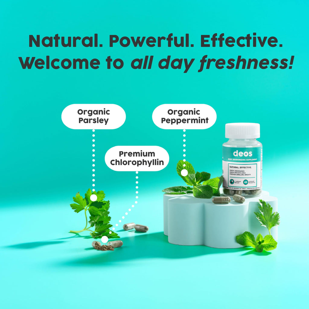 DEOS® Internal Deodorant Supplement [Natural Odor Control] Capsules 30 Pcs | Full Body Deodorizing Capsules for Gut and Skin Health - Supports Detox & Digestion - Chlorophyll, Mint & Parsley Pills