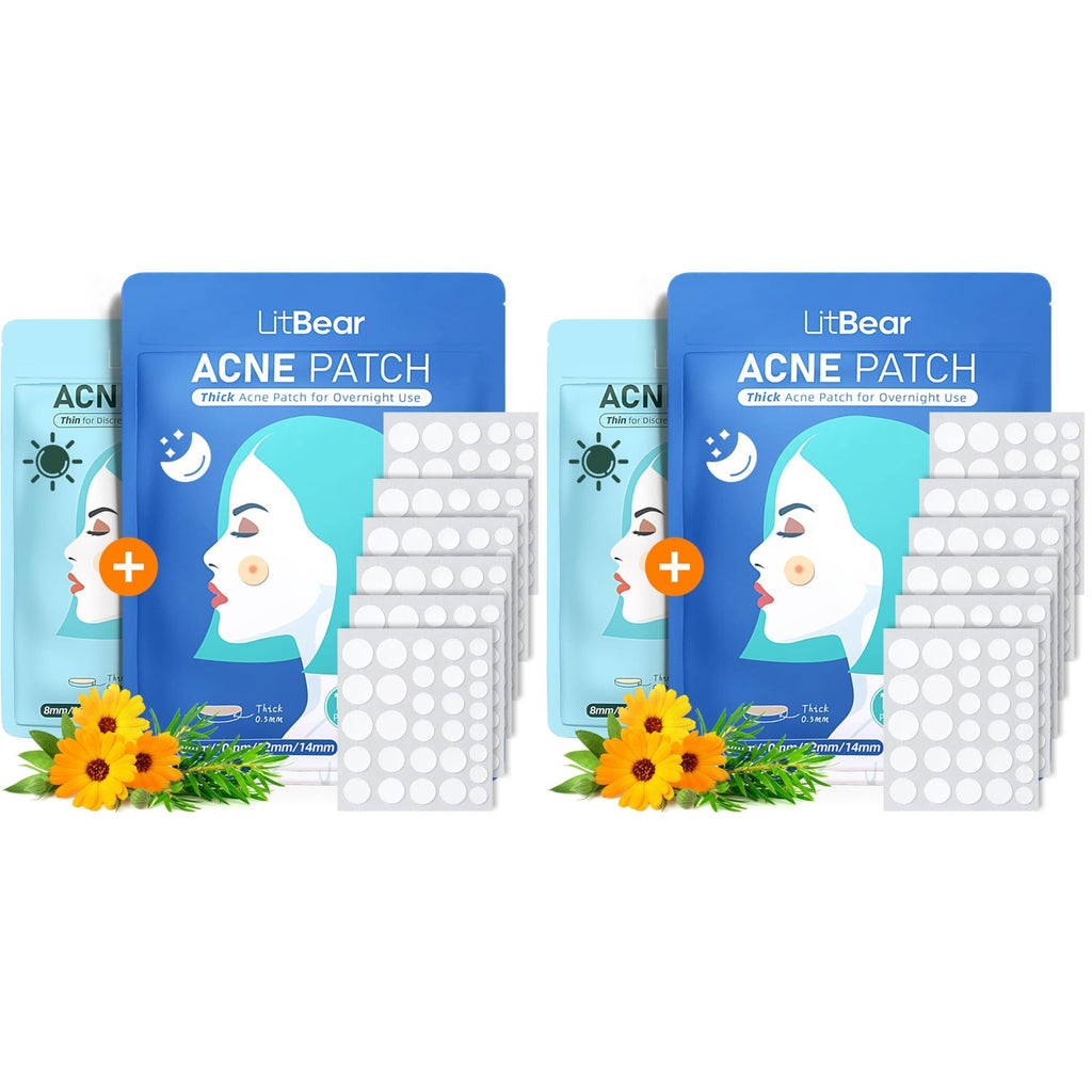 LitBear Acne Pimple Patches- Day and Night 4 Sizes 180 Dots Thin & Thick Hydrocolloid Patches with Witch Hazel, Tea Tree & Calendula Oil, Pimple Stickers for Covering Zits, Blemishes, Spots, Acne Dots