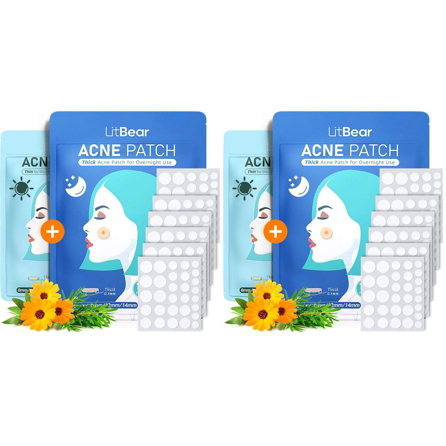 LitBear Acne Pimple Patches- Day and Night 4 Sizes 180 Dots Thin & Thick Hydrocolloid Patches with Witch Hazel, Tea Tree & Calendula Oil, Pimple Stickers for Covering Zits, Blemishes, Spots, Acne Dots