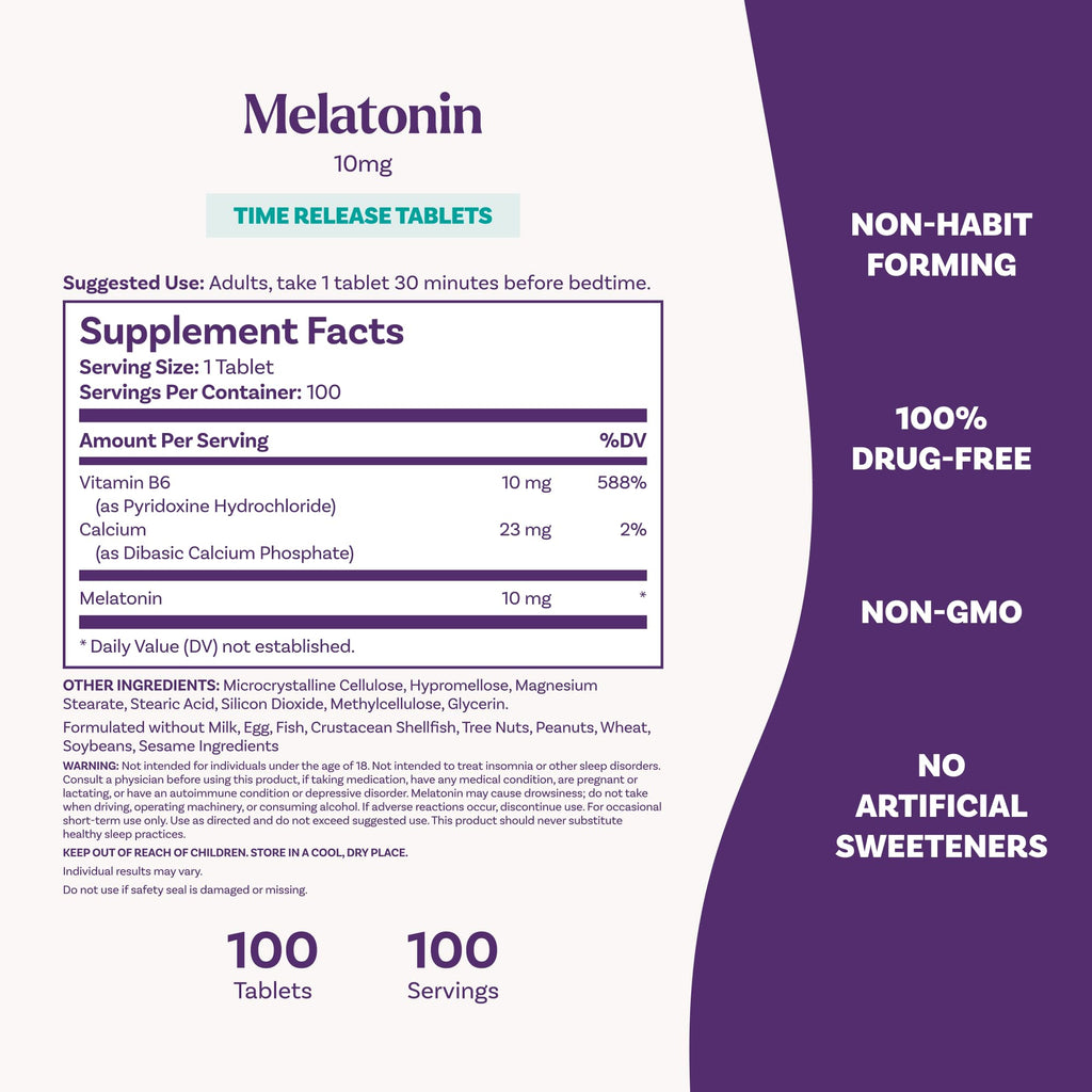 Natrol Melatonin 10 mg Time Release, Nighttime Sleep Aid, 100 Tablets | Dietary Supplement to Minimize Wake Ups, 100% Drug-Free, Non-Habit Forming, For Occasional Sleeplessness, 100 Day Supply