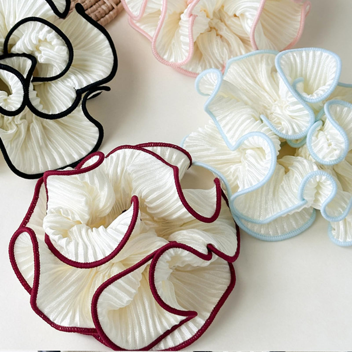 4 Pack Oversized Puffy Hair Scrunchies, 4.72 Inch Double Layer Pleated Ruffle Design, White with Colored Trim, Extra Large Hair Ties for Buns Ponytail Holders for Voluminous Look