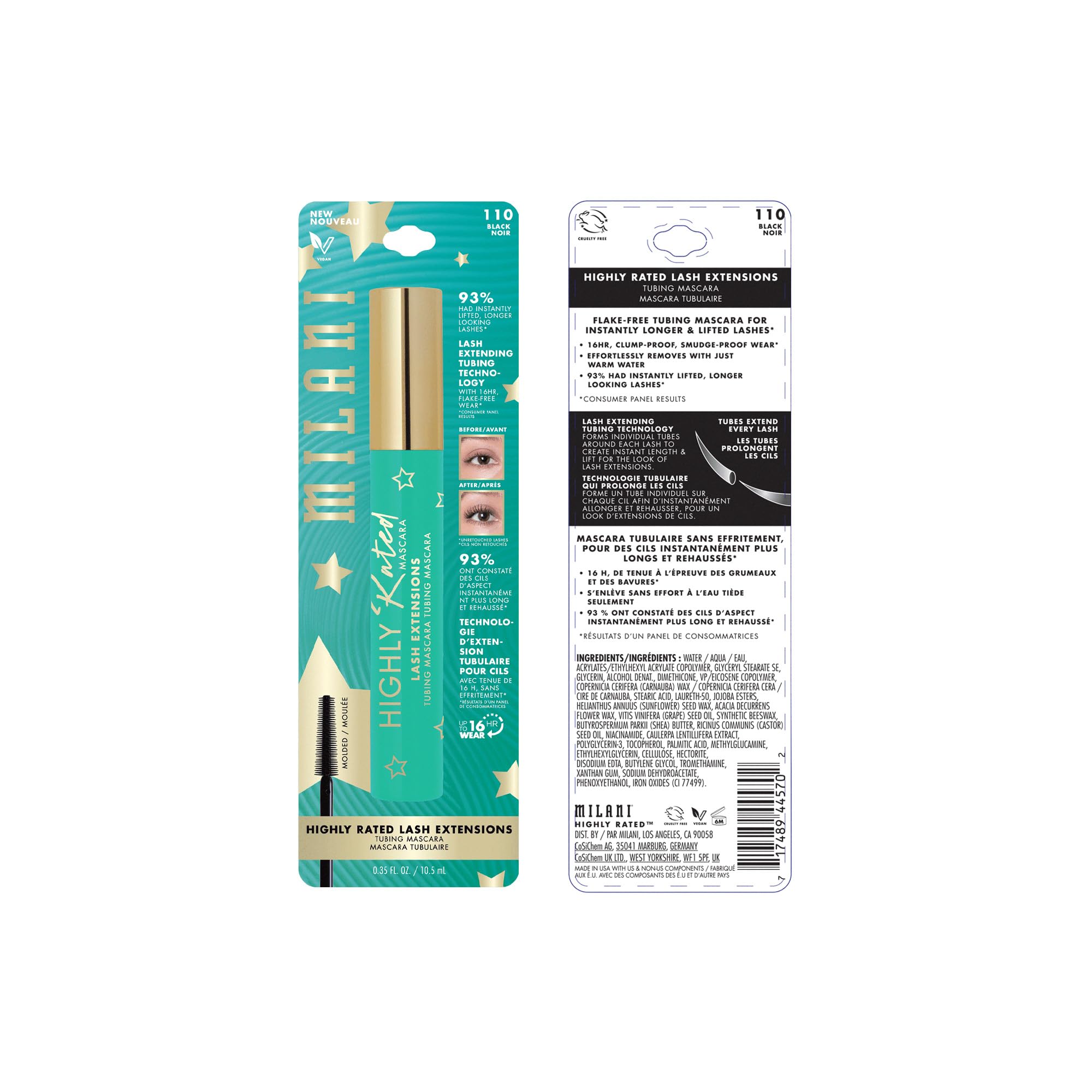 Milani Highly Rated Tubing Mascara for Length, No Smudge Mascara - Black | Nourishing Tubing Mascara. Instant Length & Lift. Up To 16Hr Wear. Removes Easily With Warm Water. Non-Flaking. Non-Clumping