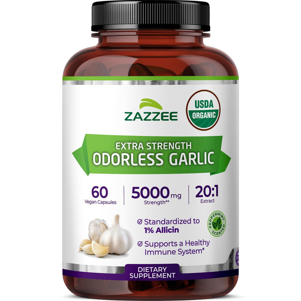 Zazzee USDA Organic Odorless Garlic 20:1 Extract, 1% Allicin, 100 Capsules | Vegan, 3+ Month Supply, Allium Sativum, Immune, Circulation & Heart Health Support, All-Natural, Non-GMO, Made in the USA