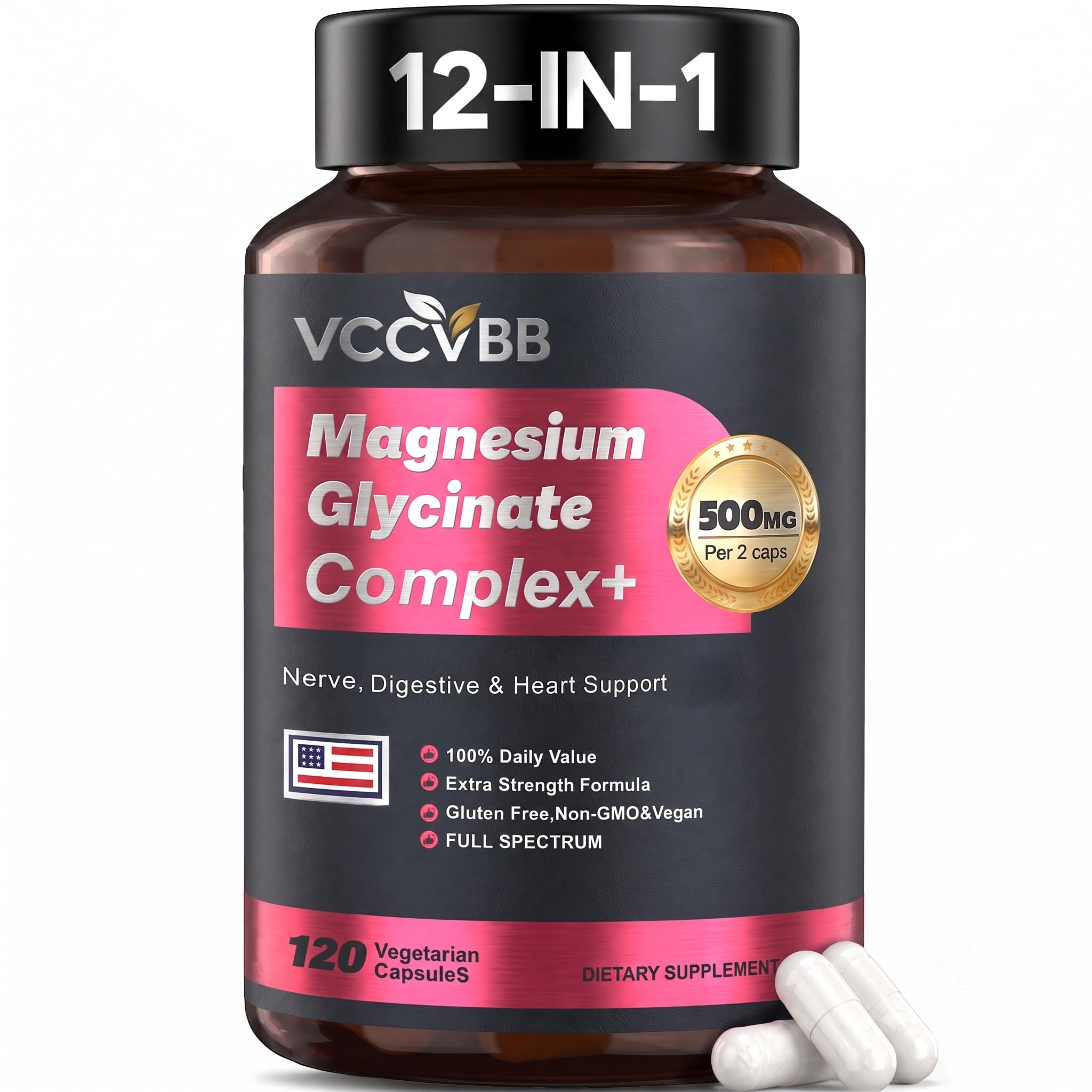 Magnesium Glycinate 500mg, 12-in-1 Magnesium Complex, 120 Capsules | Includes Magnesium Glycinate, Citrate, Taurate, Orotate and other complementary magnesium forms for daily nutrition