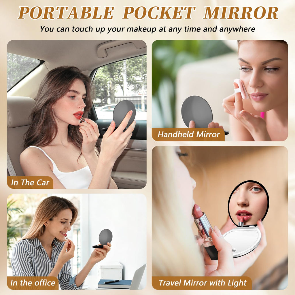 Black Compact Mirror with Light, 1X/3X Magnification LED Pocket Mirror | USB Data Cable, Mini, Purse, Pocket, Travel, Gift, makeup, mini, women, essentials, LED, fiberglass