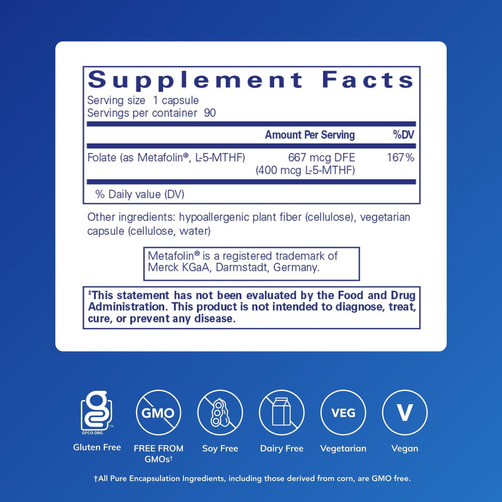 Pure Encapsulations Folate 400, 90 Capsules | Metafolin L-5-MTHF Supplement to Support Cardiovascular, Cellular, and Neural Health*