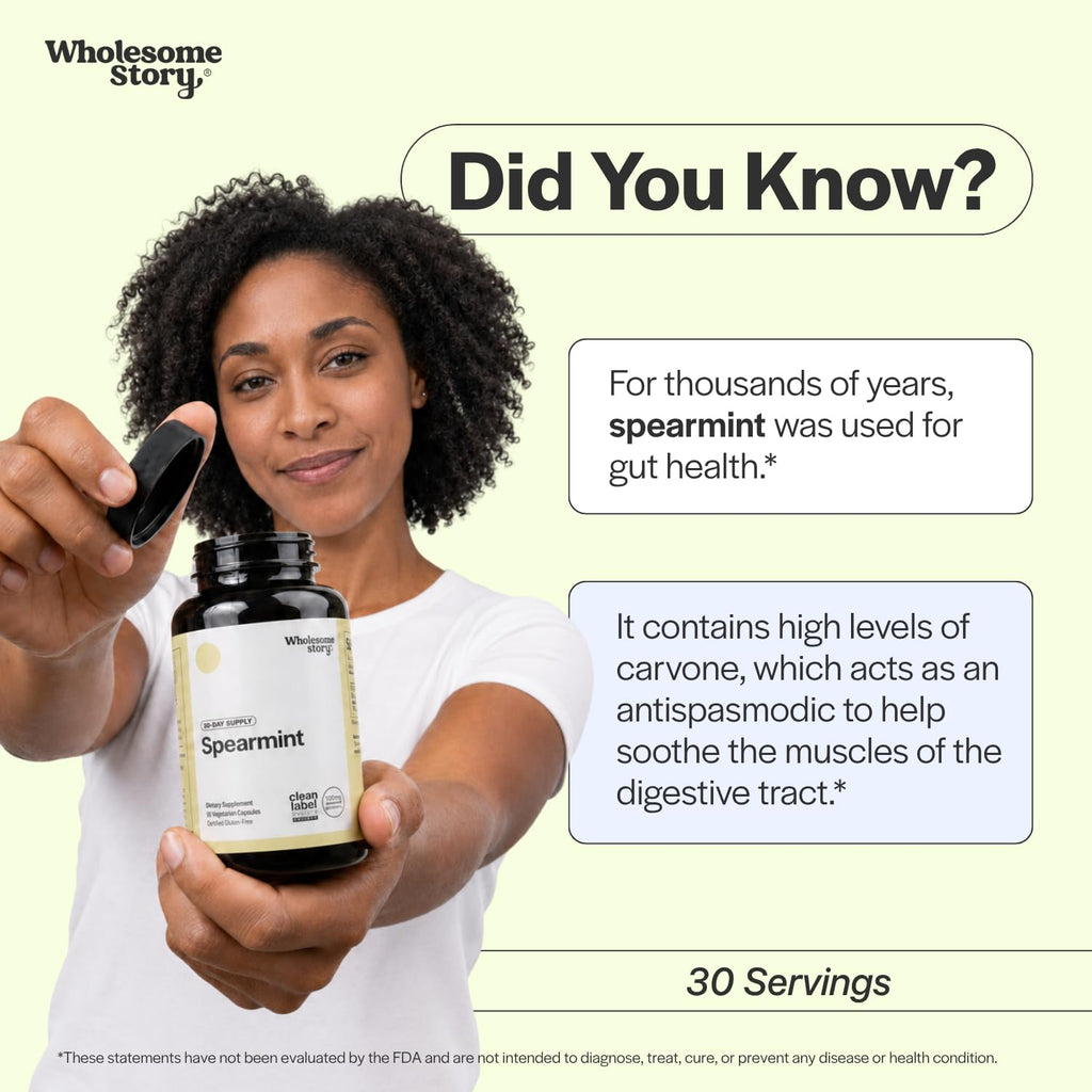 Wholesome Story Spearmint Capsules Supplement | 1000mg Spearmint Leaf | 333.33mg Per Capsule | Supports Hormones, Digestion & Gut | Mentha Spicata | 30-Day Supply