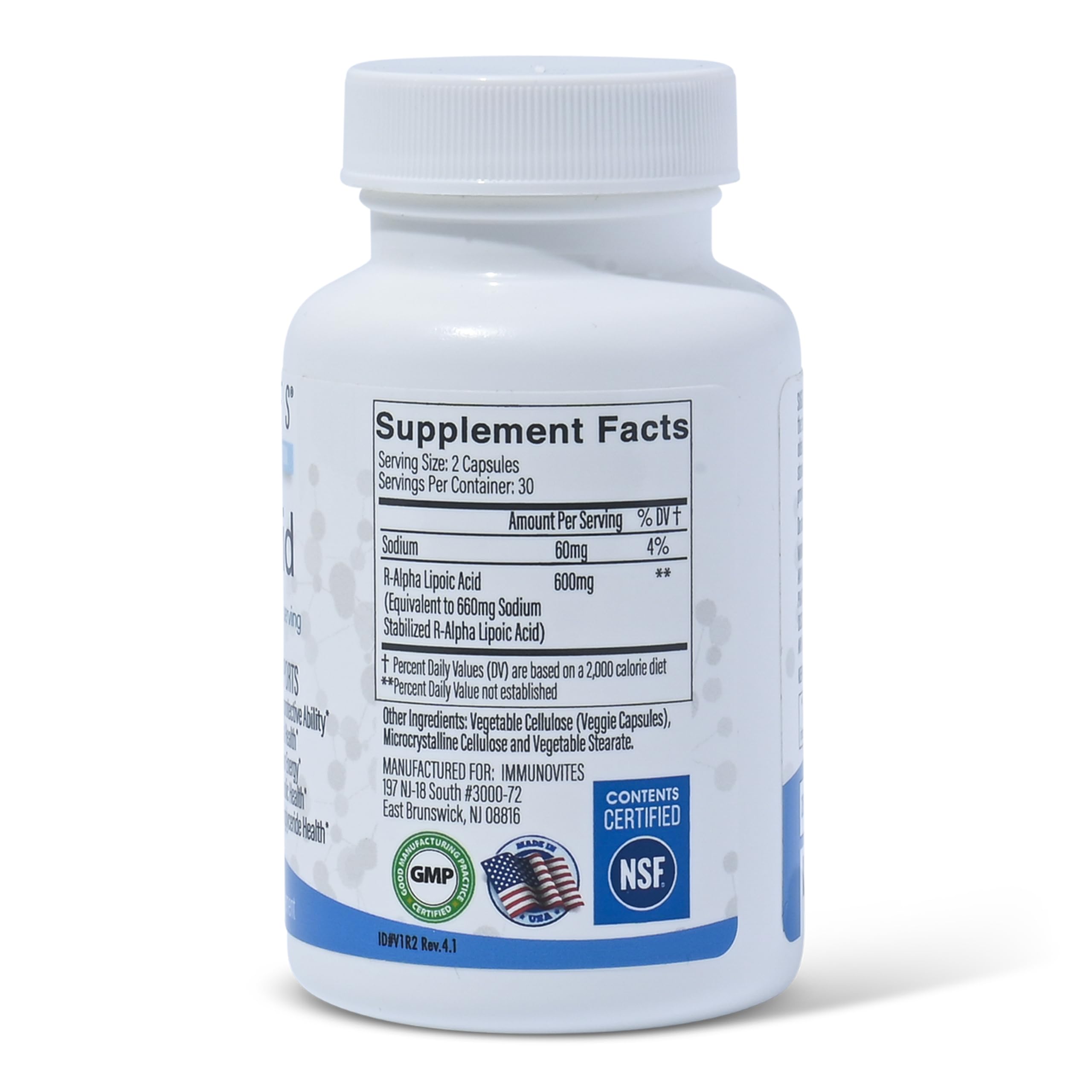 IMMUNOVITES Stabilized R-Alpha Lipoic Acid ((True)) 600mg per Serving [[High Potency & up to 40x Increased Absorption]] (Na R-ALA) (Na R-LA) (Na R-Lipoate) (1 Bottle)