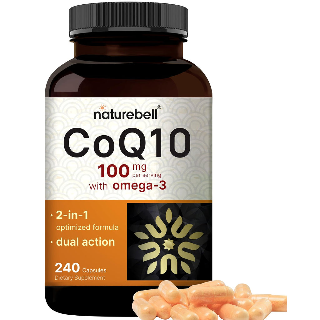 NatureBell CoQ10 100mg with Omega 3, 240 Capsules | Stable High Absorption Form – Antioxidant Support for Heart & Energy Health – Extra Strength Coenzyme Q10 Supplement