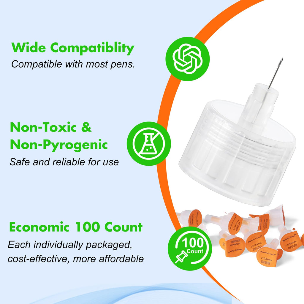 Pen Tips 31G x 4mm(5/32") Universal Fit, Sterile，Ultra-Thin Wall Technology. Comfortable and Precise，100 Count