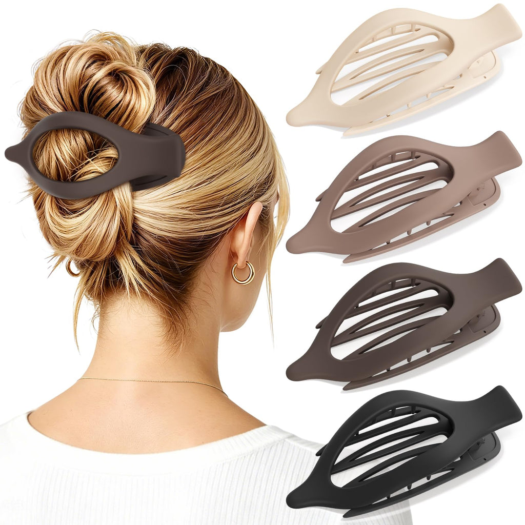 4 PCS Large Flat Hair Clips for Women Girls, French Concord Lay Down Claw Clips for Thick Thin Hair, Comfortable Curved Flat Clip, Leopard Print Stylish Strong Hold Hair Accessories, Tortoise