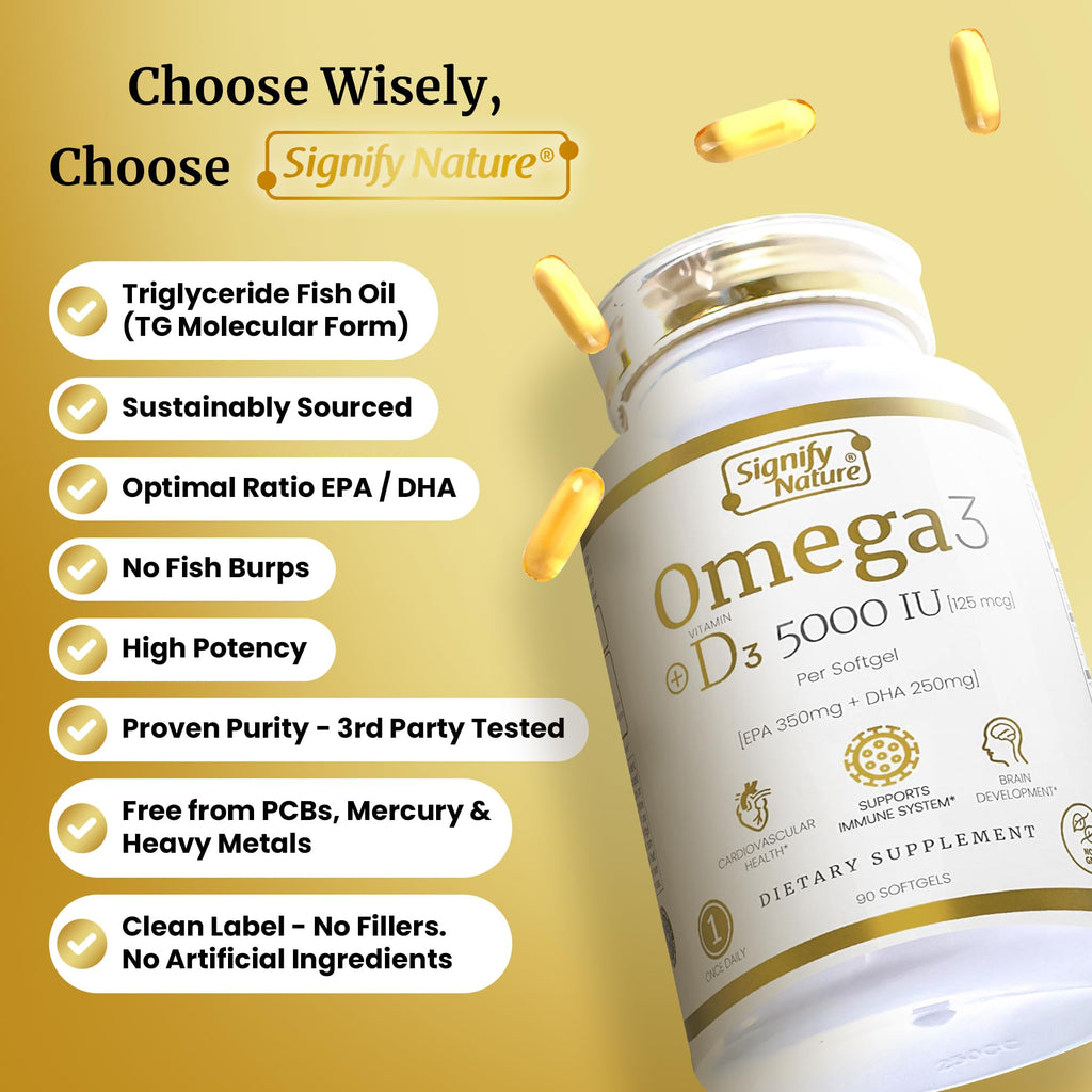 SIGNIFY NATURE Omega-3 + D3 Fish Oil 1000mg / Vitamin D3 5000IU 90 Softgels