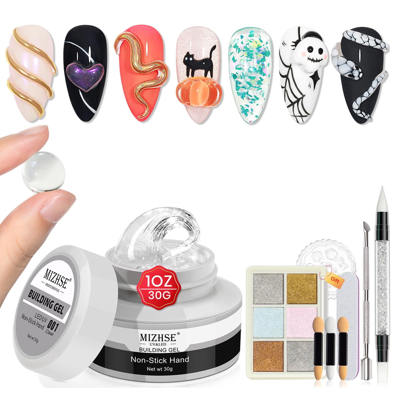 MIZHSE 3D Sculpting Gel in a 30g jar with various nail art designs. 100% genuine for creating intricate nail art.