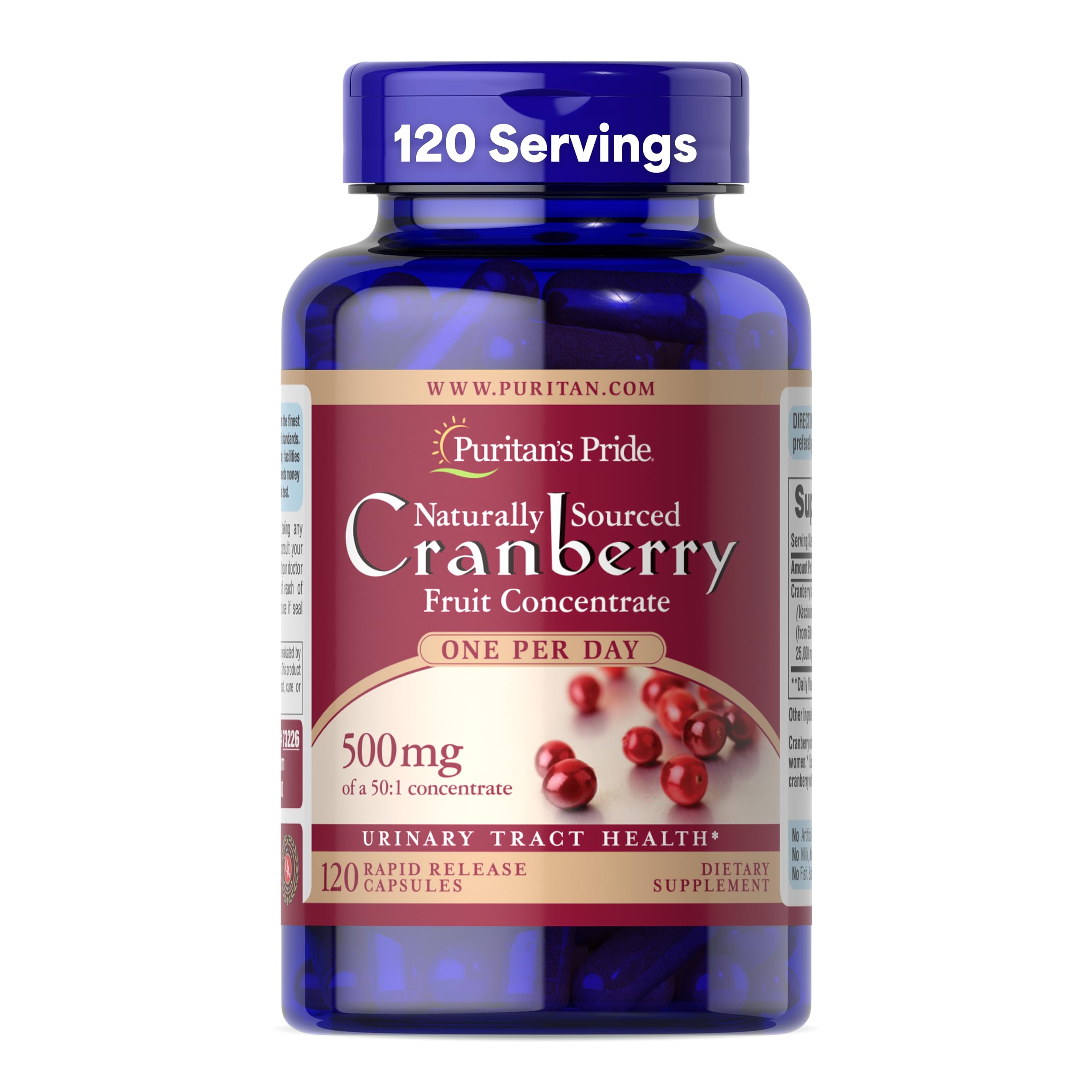 Buy now Puritan's Pride Naturally Sourced Cranberry One Per Day Fruit Concentrate 500mg, 50:1 Dietary Supplement for Urinary Tract Support, 4 Month Supply, 120 Rapid Release Capsules at indiglob india
