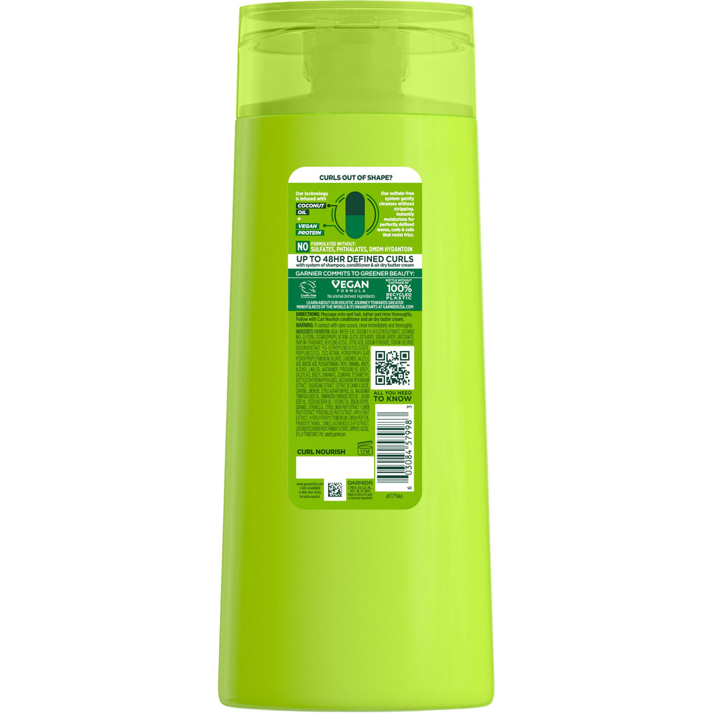 Garnier Fructis Curl Nourish Moisturizing Shampoo for Curly Hair, Plant Protein and Coconut Oil Formula, Up to 48HR of Curl Definition, Sulfate Free & Vegan, 22 Fl Oz (Packaging May Vary)