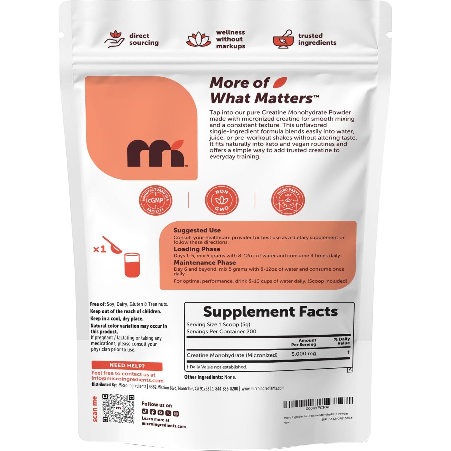 Micro Ingredients Creatine Monohydrate Powder 1 kg (2.2 Lbs), 5000mg Per Serv, Micronized Creatine Powder, Unflavored, No Filler, Keto & Vegan, Easy Dissolve, Pre Workout for Women & Men*