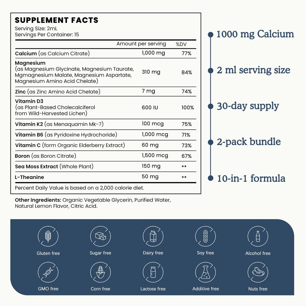 (2 Pack) 10 in 1 Magnesium Calcium Zinc Supplement with Vitamin C D3 K2, Glycinate Mag Vegan Liquid Drops Plus L-Theanine Boron Sea Moss Extract, Immune Support, Bone, Sleep & Leg Cramps, 1 Fl Oz