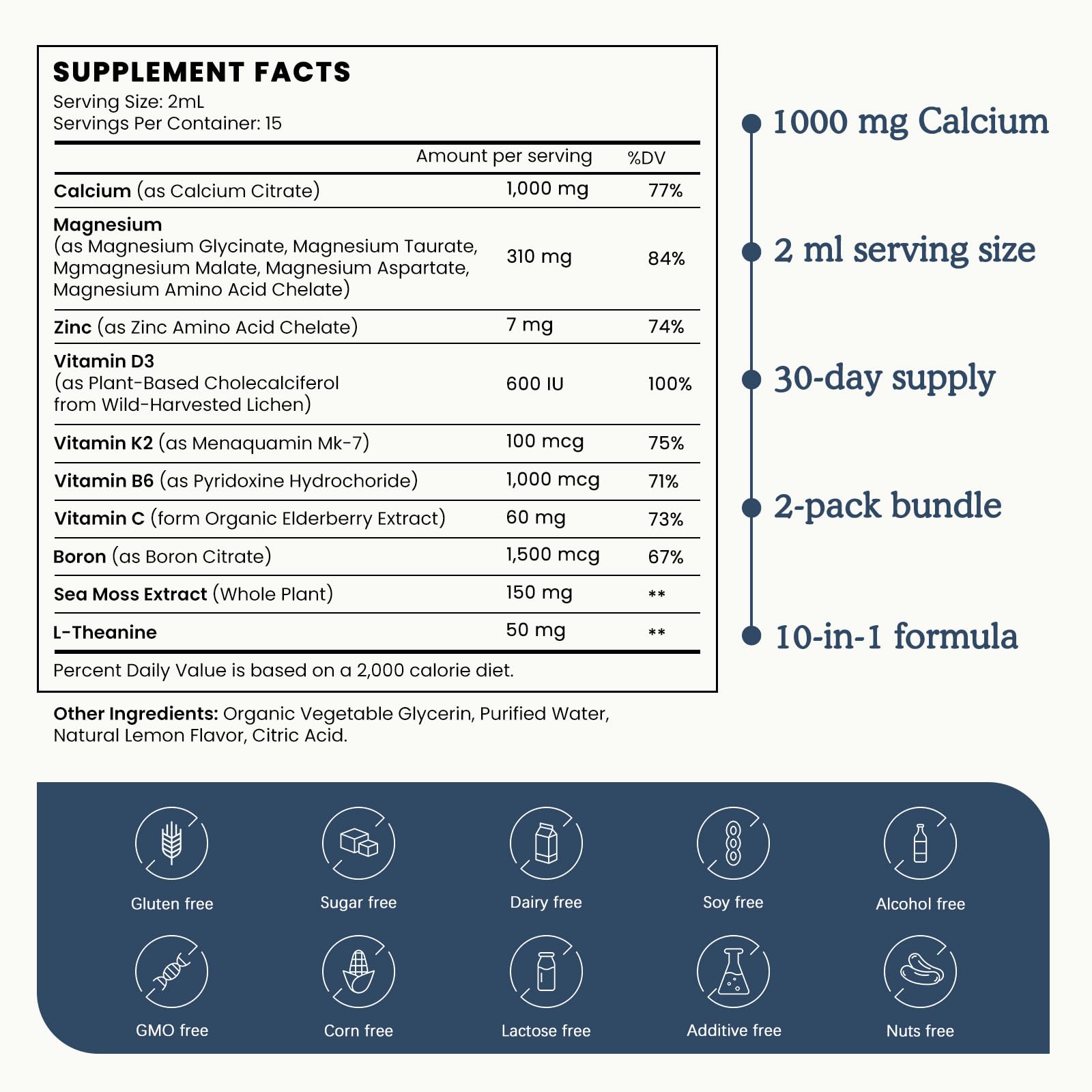(2 Pack) 10 in 1 Magnesium Calcium Zinc Supplement with Vitamin C D3 K2, Glycinate Mag Vegan Liquid Drops Plus L-Theanine Boron Sea Moss Extract, Immune Support, Bone, Sleep & Leg Cramps, 1 Fl Oz