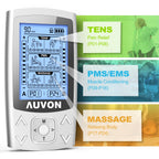 AUVON Dual Channel TENS Unit 24 Modes Muscle Stimulator for Pain Relief,Rechargeable TENS Machine Massager with 12 Pads, ABS Pads Holder, USB Cable and Dust-Proof Storage Bag