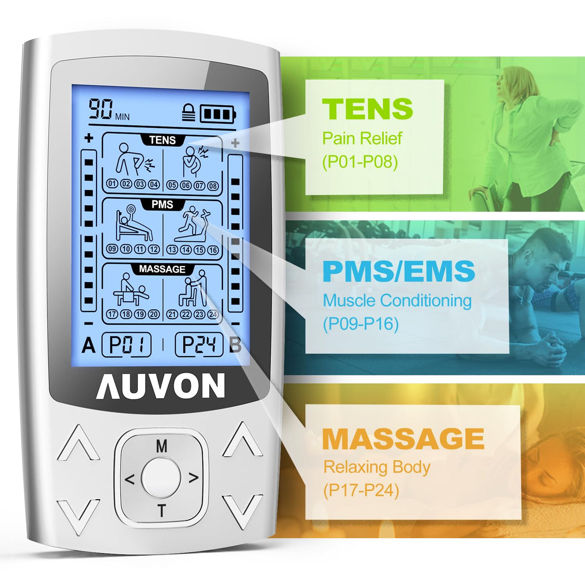 AUVON Dual Channel TENS Unit 24 Modes Muscle Stimulator for Pain Relief,Rechargeable TENS Machine Massager with 12 Pads, ABS Pads Holder, USB Cable and Dust-Proof Storage Bag