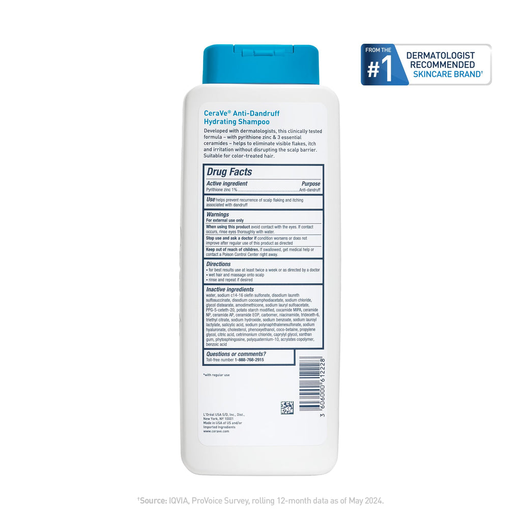 CeraVe Hydrating Anti Dandruff Shampoo, Itchy Scalp Treatment, 12oz | Helps Eliminate Flakes with 1% Pyrithione Zinc, Hyaluronic Acid, Niacinamide and Ceramides In A Sulfate Free Formula