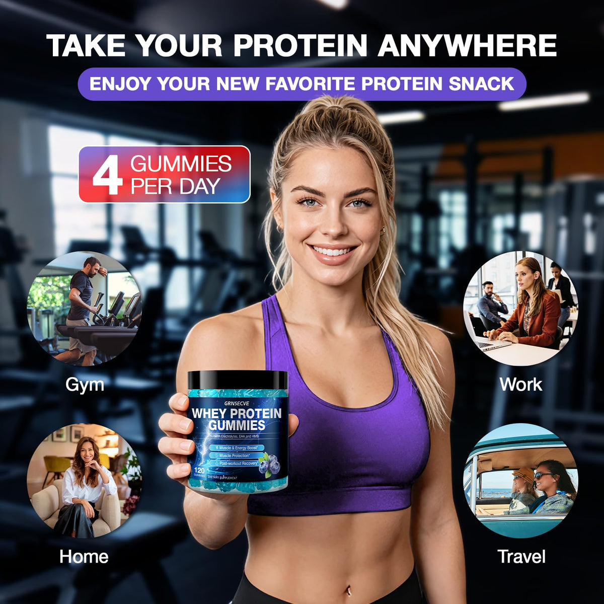 Whey Protein Gummies - High Protein Supplements 10g Per Serving for Muscle & Energy Support, Bone Health - Protein Gummy Rich in Electrolytes, EAA & HMB, Sugar Free, Blueberry Flavor, 120 Count