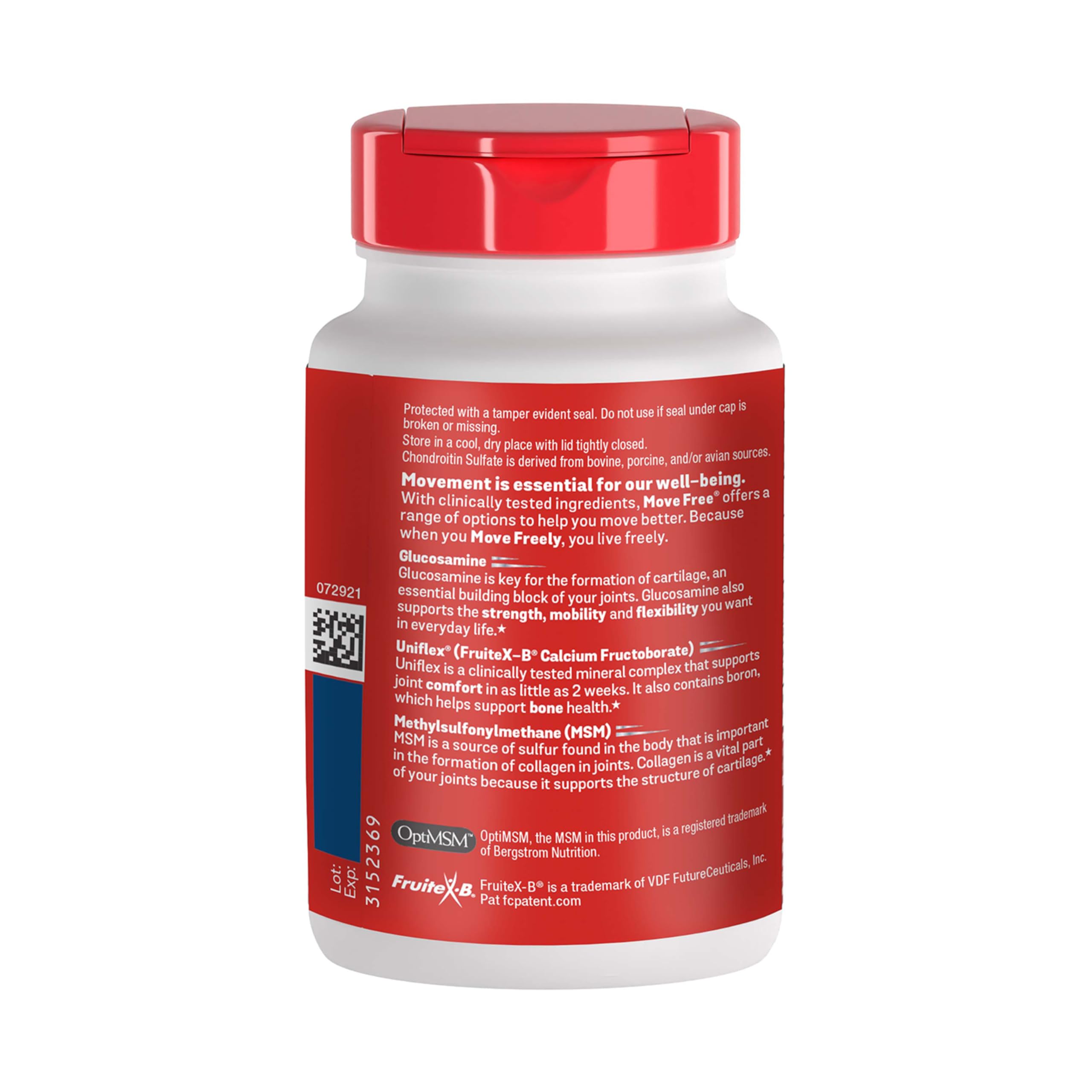 Move Free Advanced Joint Support, Glucosamine, Chondroitin + MSM - 120 ct | Supports Mobility Comfort Strength Flexibility & Bone, 40 Servings, Bone & Joint Support Supplement tablets, Fruitx-B