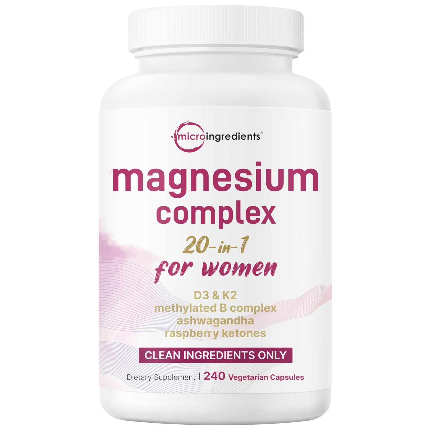 Micro Ingredients Magnesium Complex for Women, 240 Veggie Capsules | 20-in-1 with Glycinate, Citrate & More + D3, K2, Methylated B Complex, Biotin, Inositol & Ashwagandha. Filler Free, Non-GMO.