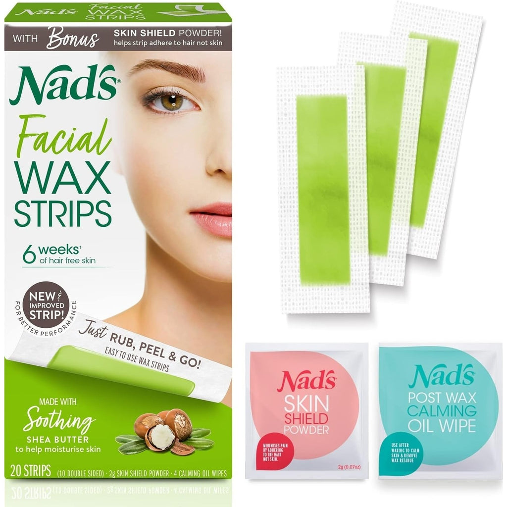 Nad's Facial Wax Strips - Hypoallergenic All Skin Types - Facial Hair Removal For Women - At Home Waxing Kit with 20 Face Wax Strips + 4 Calming Oil Wipes + Skin Protection Powder
