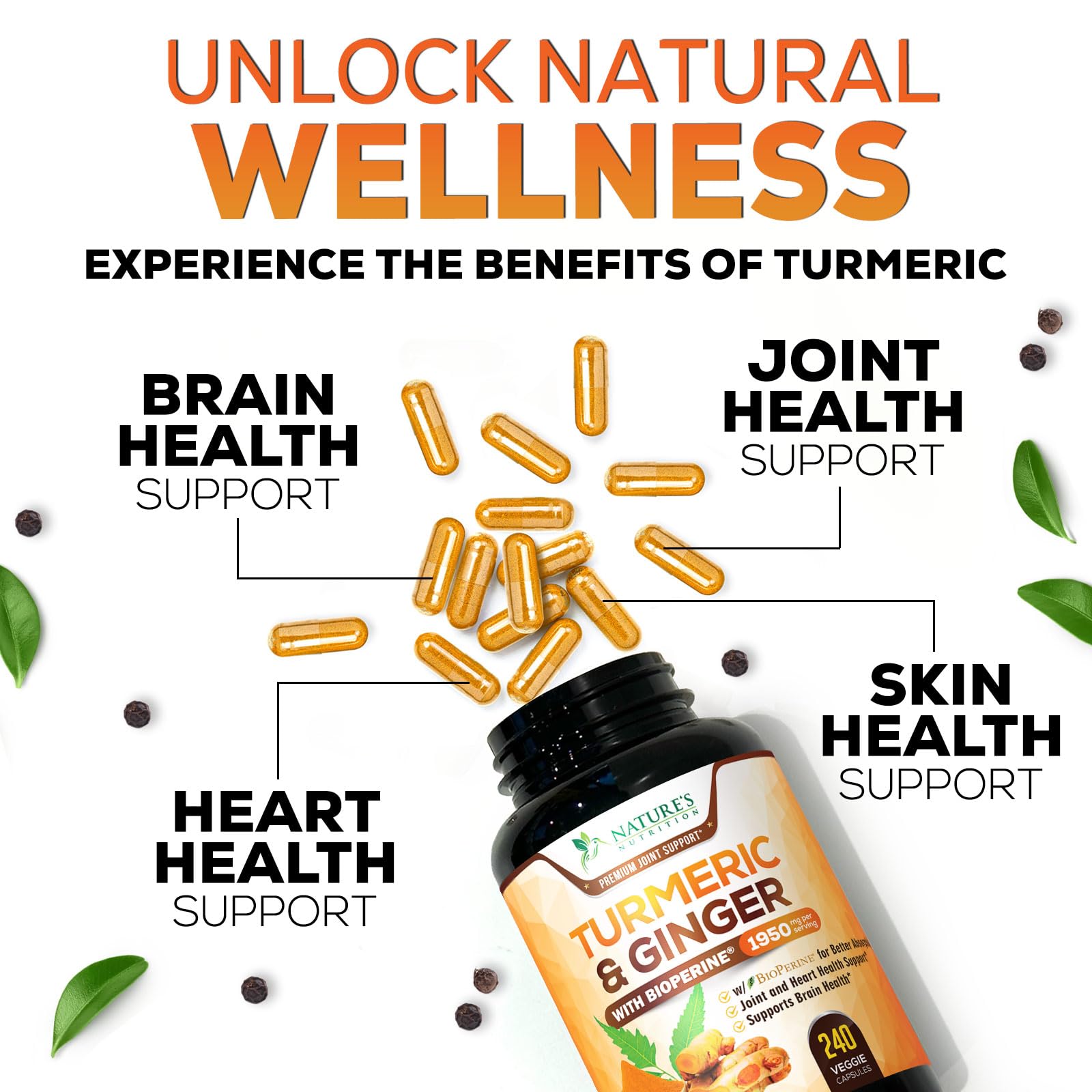 Turmeric Curcumin Supplement - 95% Curcuminoids with Organic Turmeric & Ginger, BioPerine Black Pepper Extract for Best Absorption, Natural Vegan Joint Support, Non-GMO, Bottled in USA - 240 Capsules