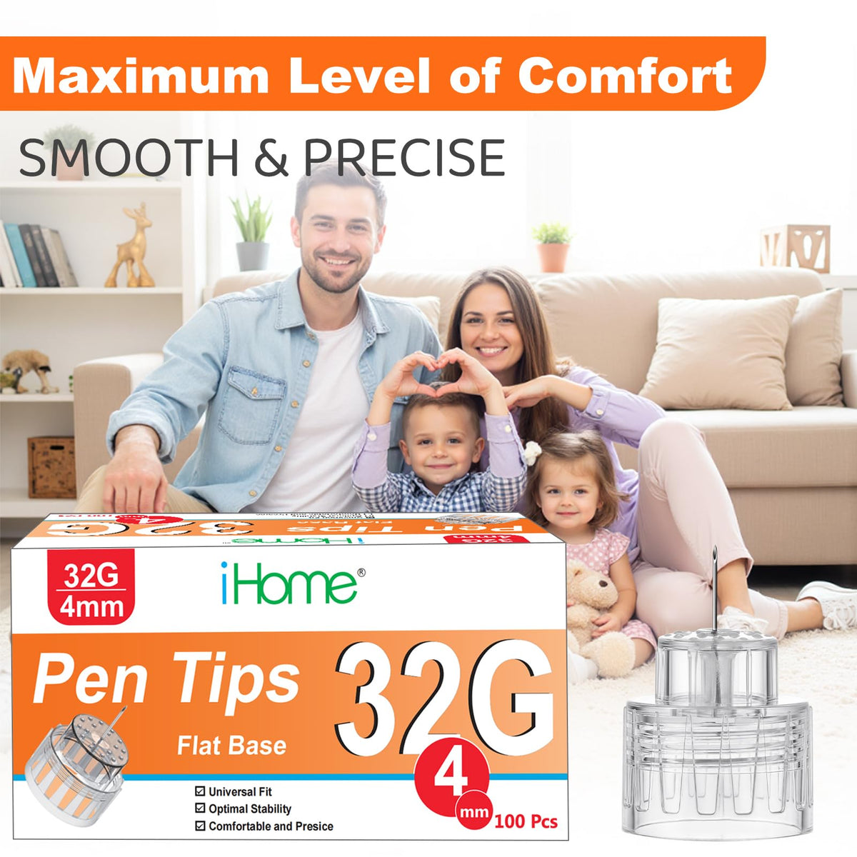 iHome Pen Tips 32G x 4mm Flat Base 100 Count 32G 4mm (5/32“) Pen Tip Comfortable Wide Seat Design