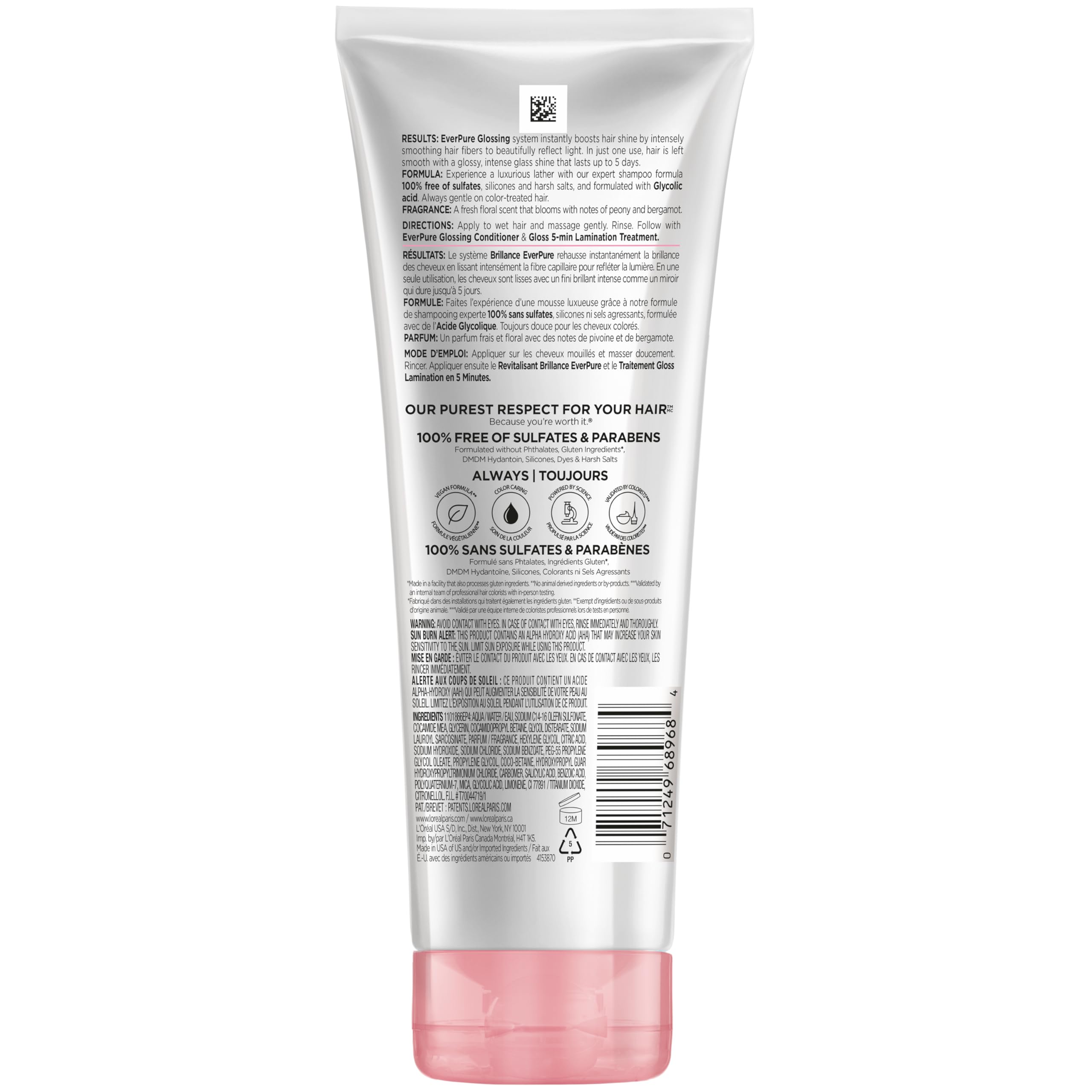 L’Oreal Paris Sulfate Free Glossing Conditioner with Glycolic Acid, Provides Intense Glass Hair Shine, Smoothness & Soft Feel, Suitable for Dull, Dry, and Color-Treated Hair, EverPure, 6.8 Fl Oz