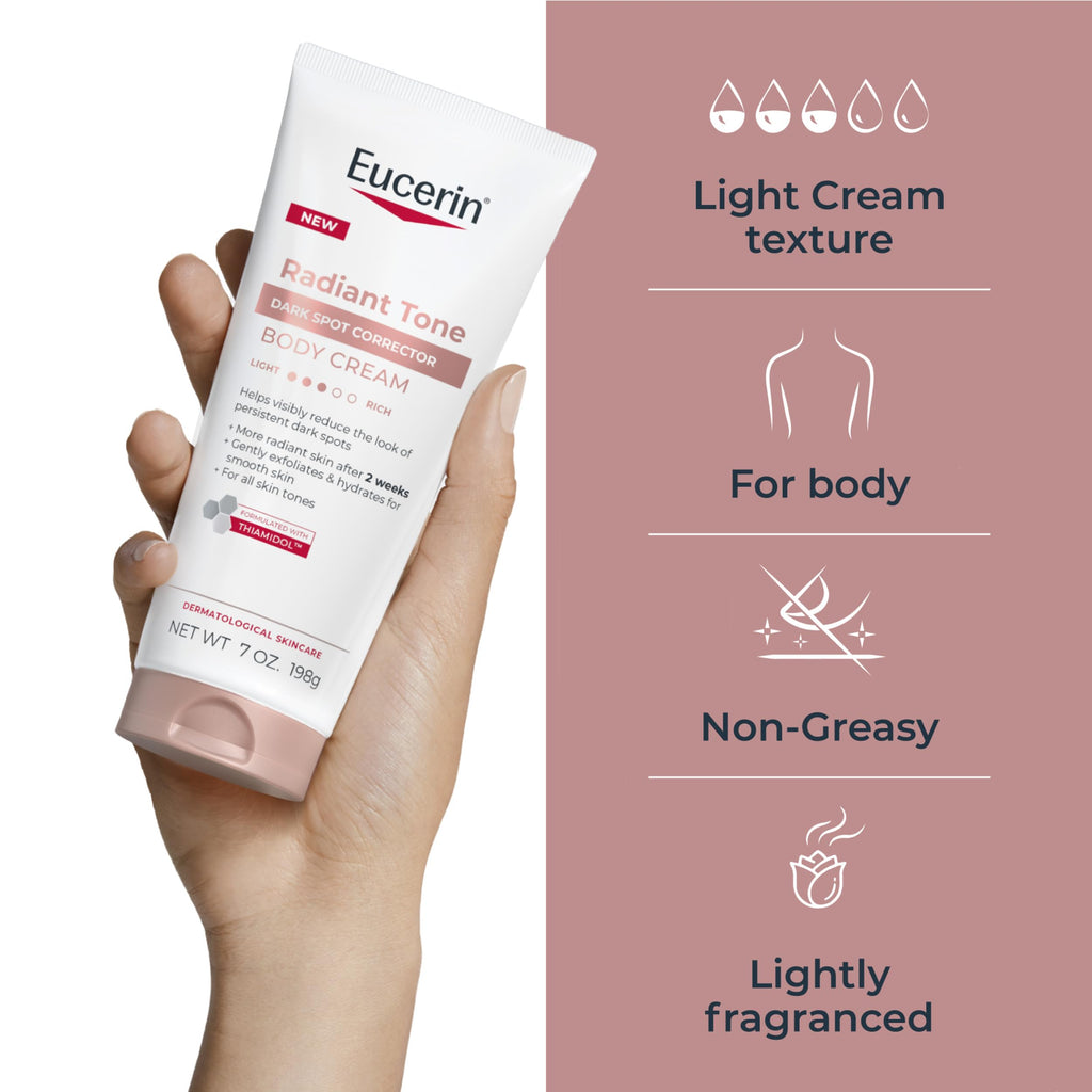 Eucerin Radiant Tone Dark Spot Corrector Body Cream, 7 OZ | Dark Spot Body Cream for Women, Thiamidol Enriched, Reduces Dark Spots Due to Sunlight Exposure and Aging, 72-Hour Hydration