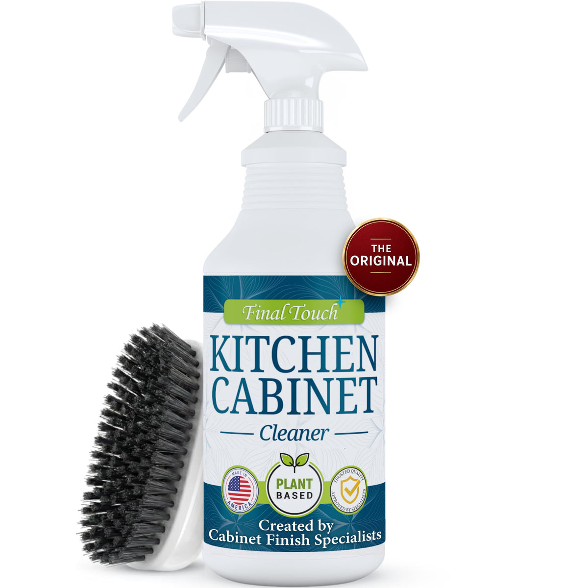 Kitchen Cabinet Cleaner and Degreaser - Plant Based Grease Remover for Wood, Painted and White Cabinets - Cleans, Restores, Protects Finishes, Streak Free, 32oz with Scrub Brush by Final Touch