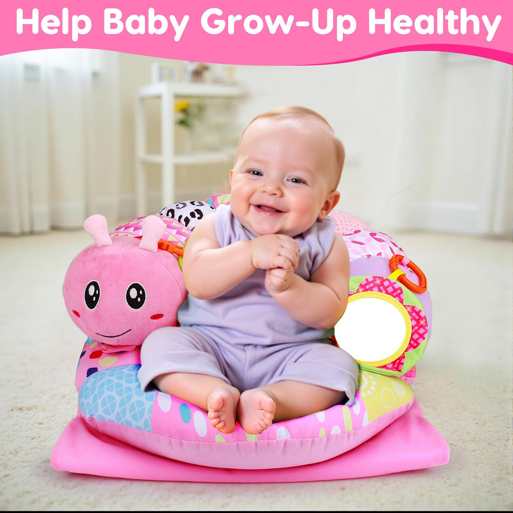 2 in 1 Baby Tummy Time Mat & Support Seated Pillow Infant Newborn Toys 0 1 2 3 4 5 6 Months Pink Caterpillar Sensory Developmental Playmat 0-6 3-6 12 Month Mirror Babies Girls Shower Gifts Essentials
