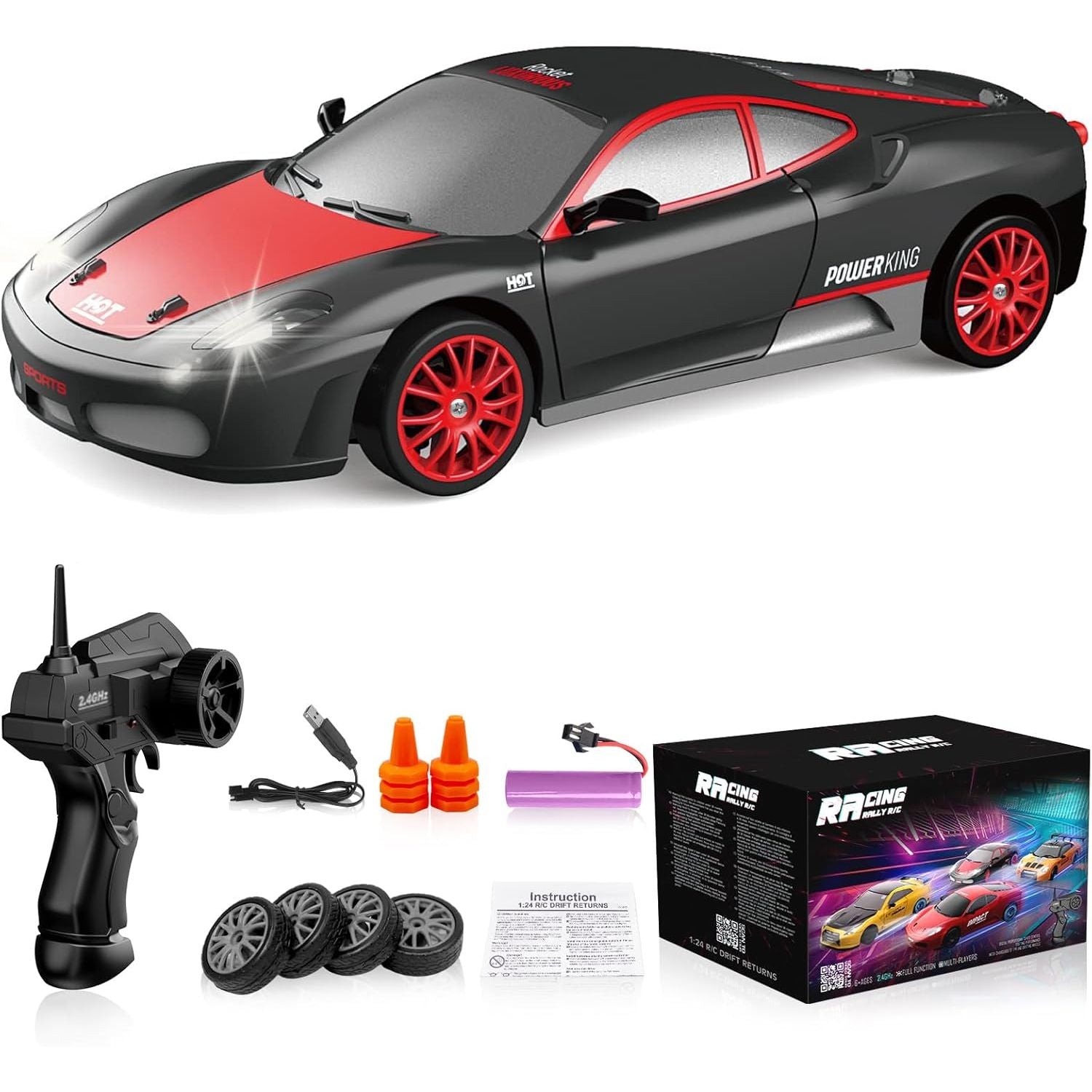 Buy now Remote Control Car RC Drift Car 2.4GHz 1:24 Scale 4WD High Speed RC Cars Vehicle with LED Lights Batteries and Drifting Tires Racing Sport Toy Cars for Adults Boys Girls Kids Gift Black at indiglob india