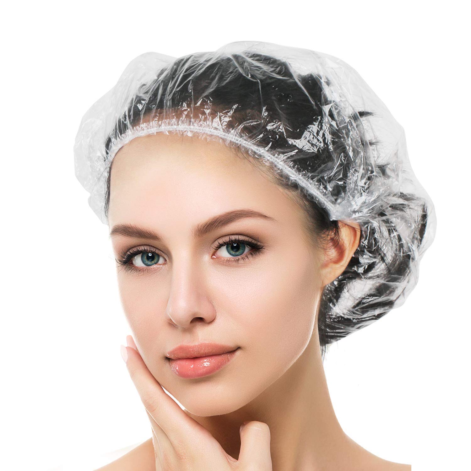 Auban 50 PCS Shower Cap Disposable,Bath Caps Larger Thick Clear Waterproof Plastic Elastic Hair Bath Caps For Women Hotel Travel Essentials Accessories Deep Conditioning Hair Care(19.3")