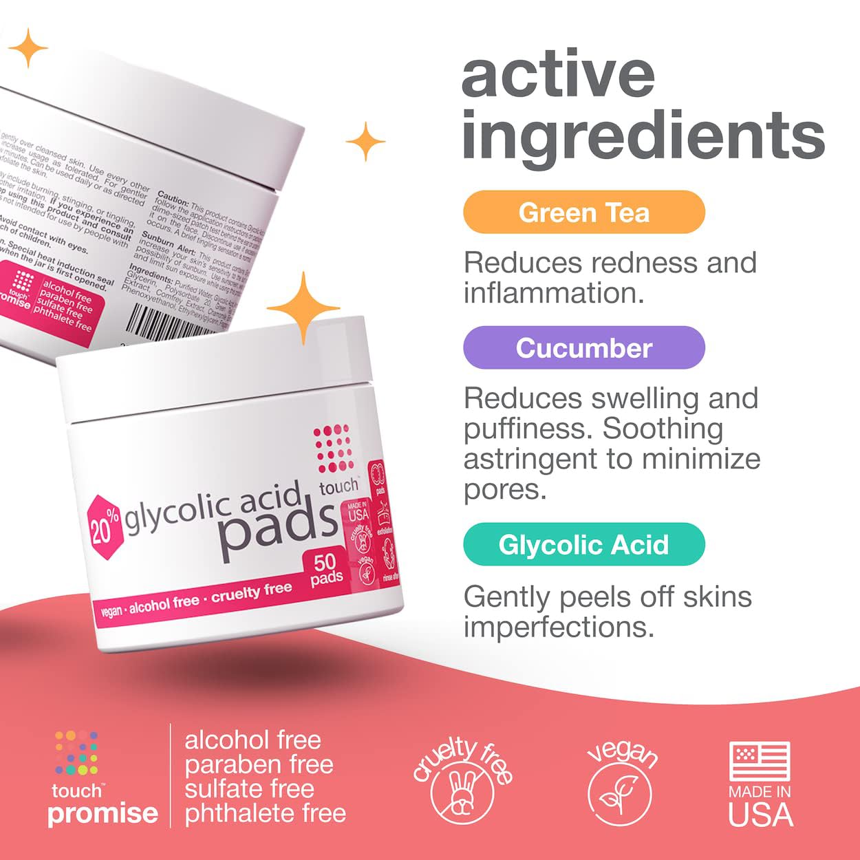 Buy now TOUCH 20% Glycolic Acid Pads Exfoliating And Resurfacing AHA Peel Face Wipes - Great for Dullness, Pores, Scars, Fine Wrinkles, Uneven Skin Tone & Texture, 50 Count at indiglob india