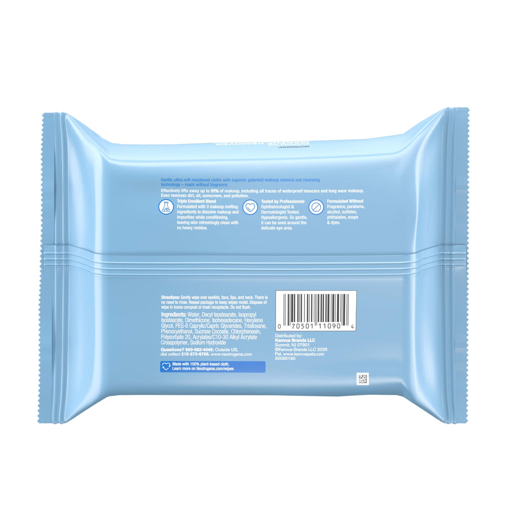 Buy now Neutrogena Fragrance-Free Makeup Remover Wipes, Daily Ultra-Soft Micellar Cleansing Wipes Gently Remove Oil & Waterproof Makeup, Hypoallergenic, Made with Plant-Based Cloth, 25 ct at indiglob india